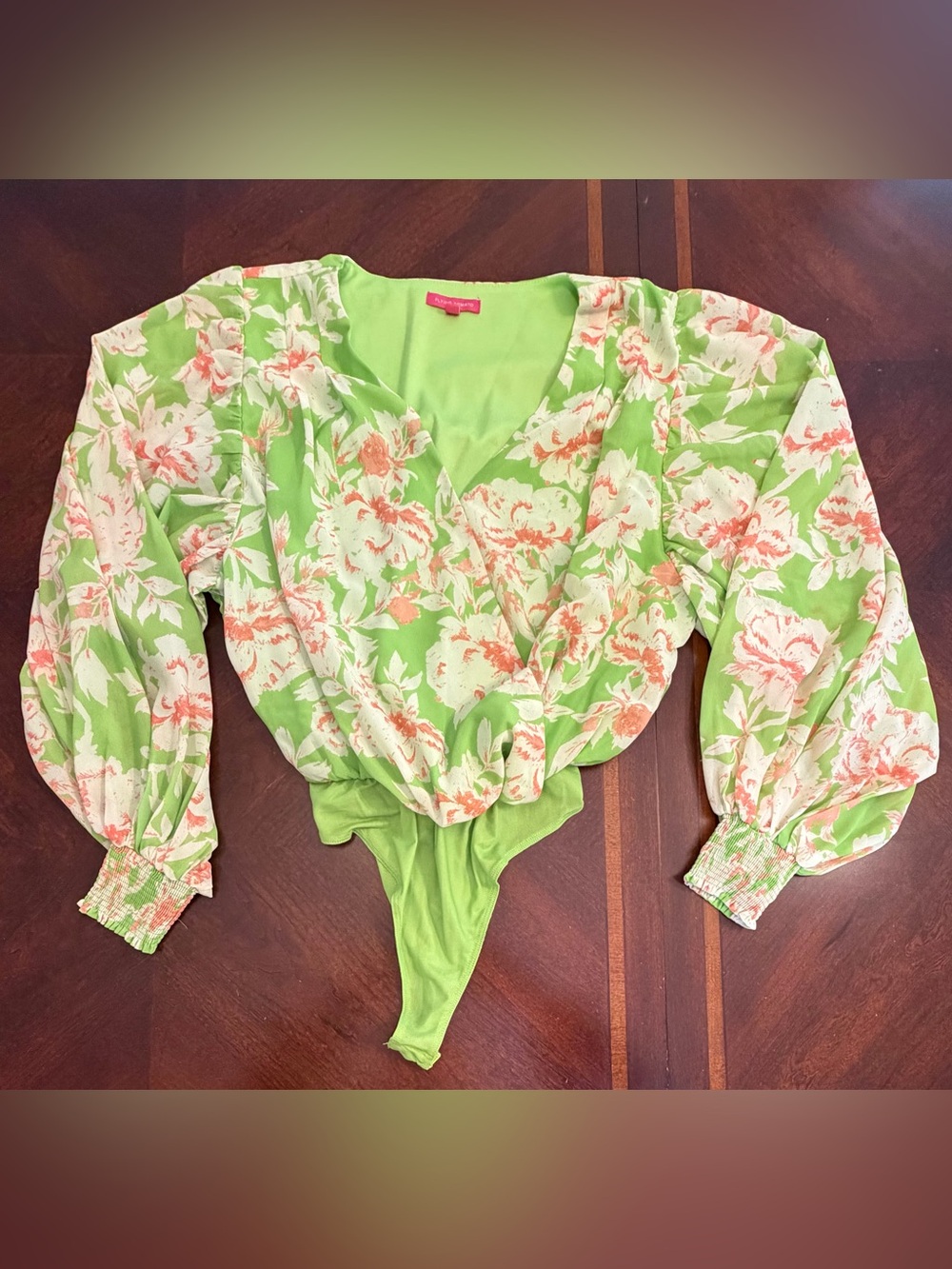 Flying Tomato Lime Green & Coral Floral One-Piece Long Sleeve Bodysuit Size L